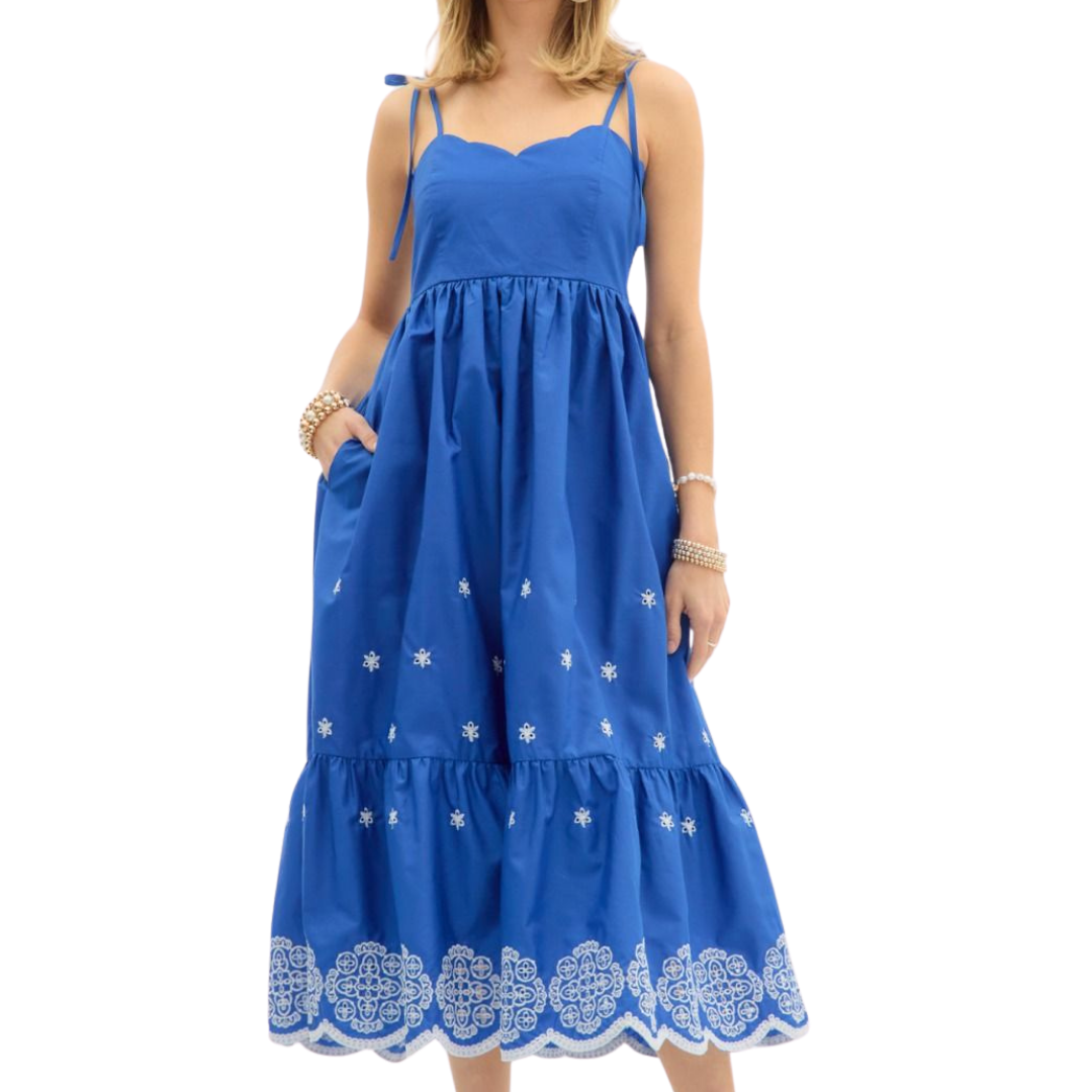Blue Embroidered Midi Dress