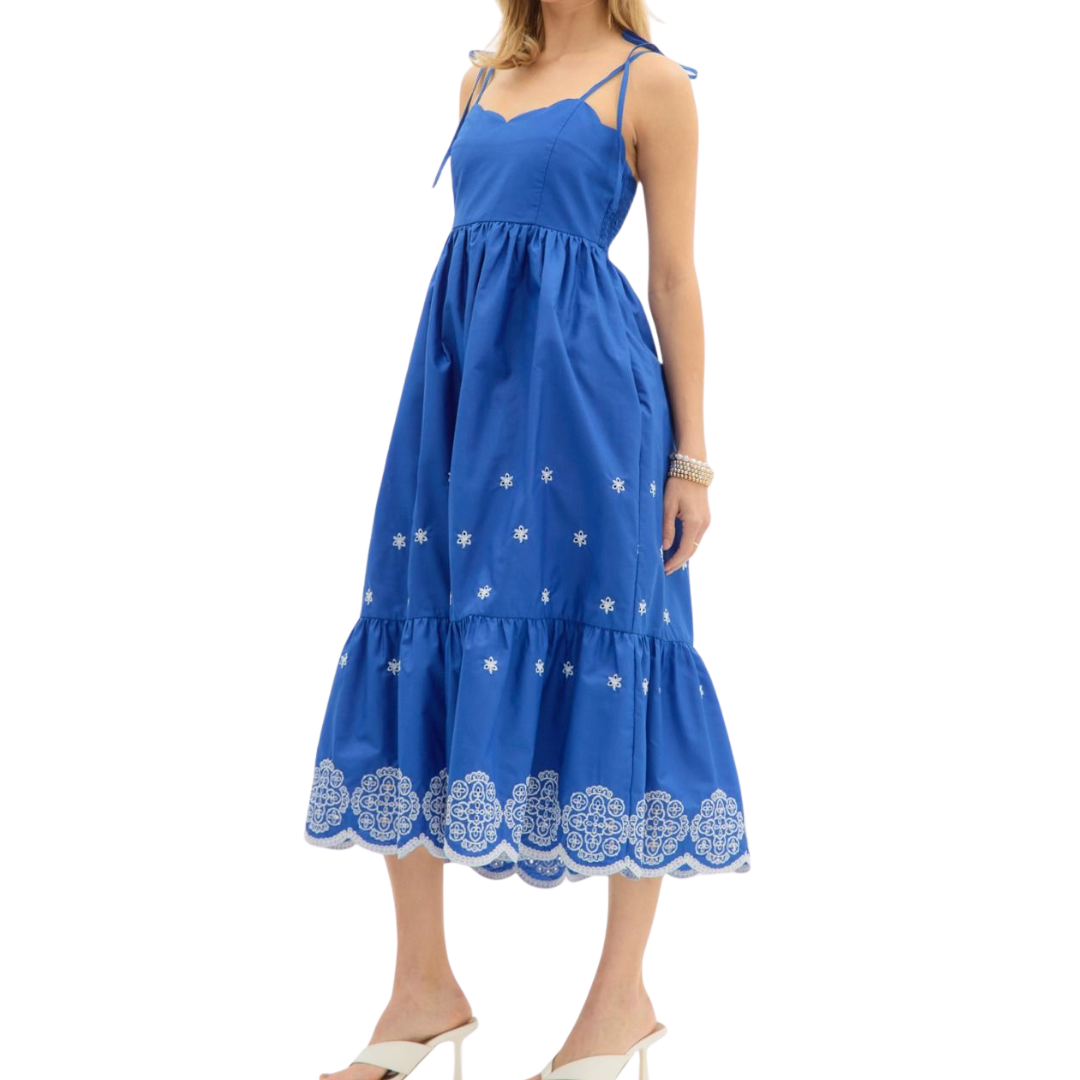 Blue Embroidered Midi Dress