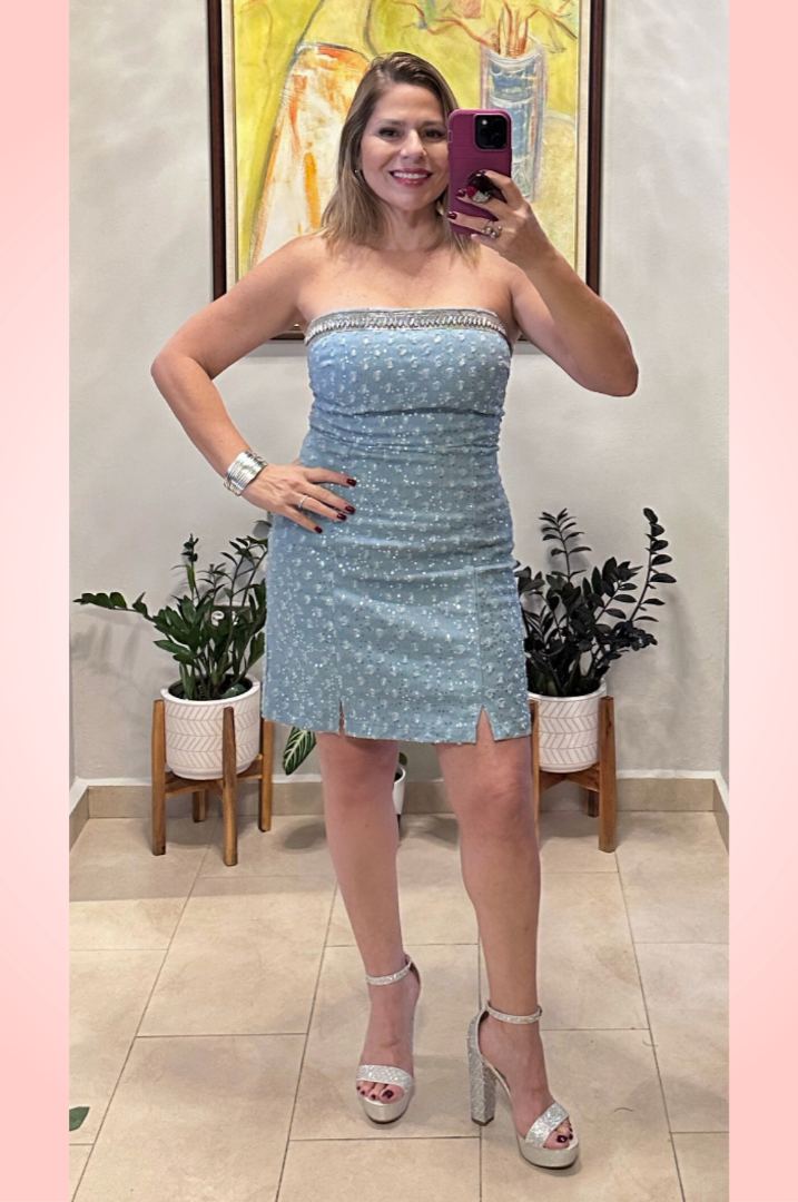 Denim Rhinestones Off Shoulder Dress