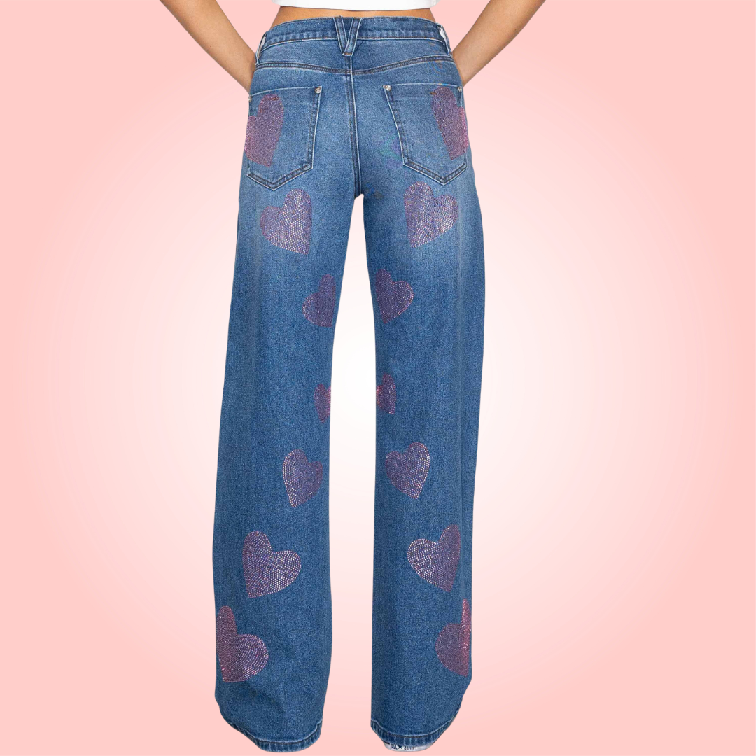 Pink Rhinestone Wide Jeans