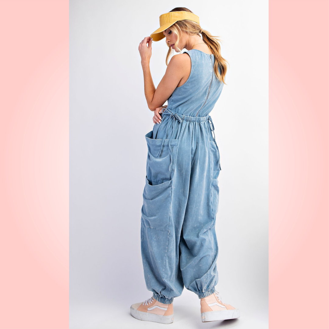 Sleeveless Washed Cargo Jumpsuit