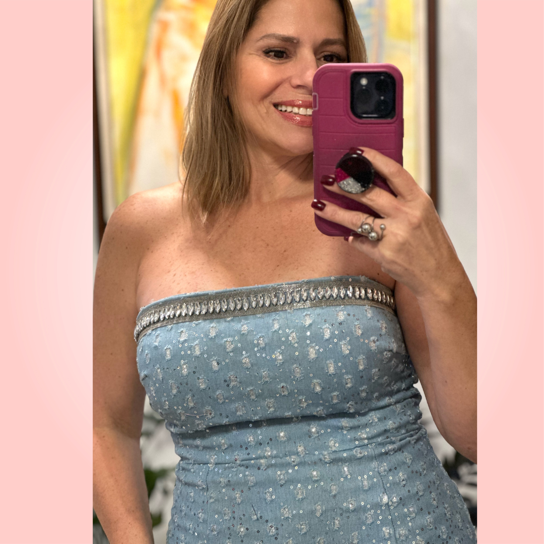 Denim Rhinestones Off Shoulder Dress