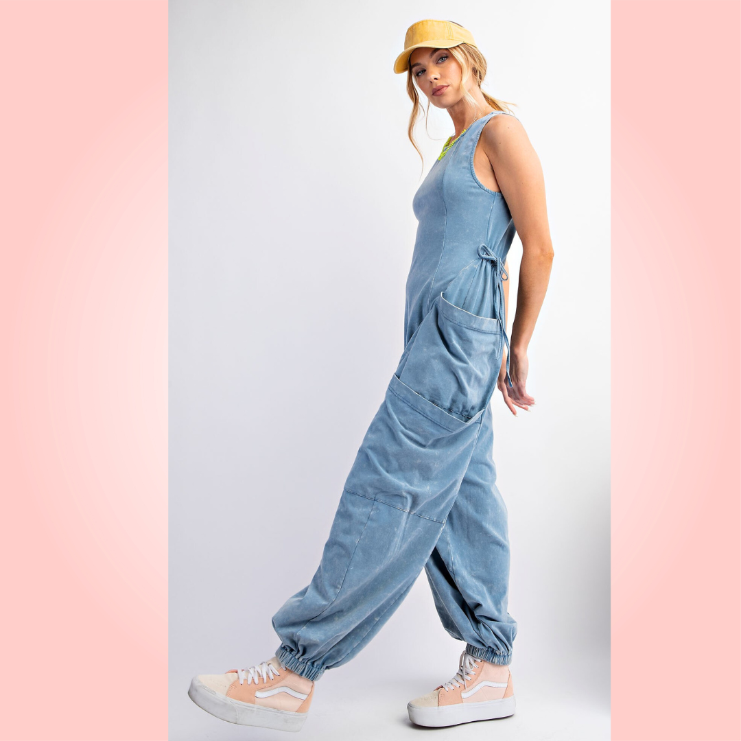 Sleeveless Washed Cargo Jumpsuit