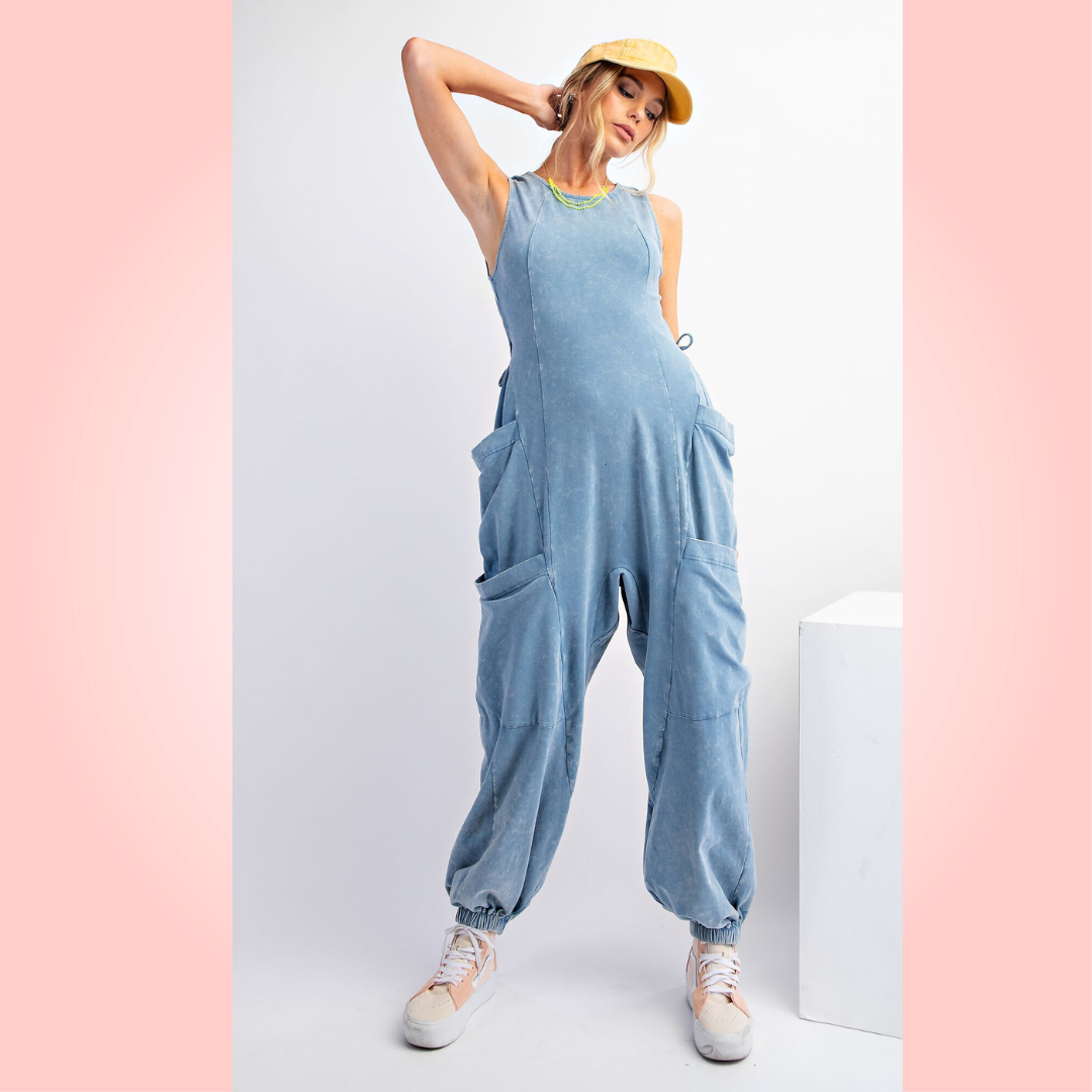 Sleeveless Washed Cargo Jumpsuit