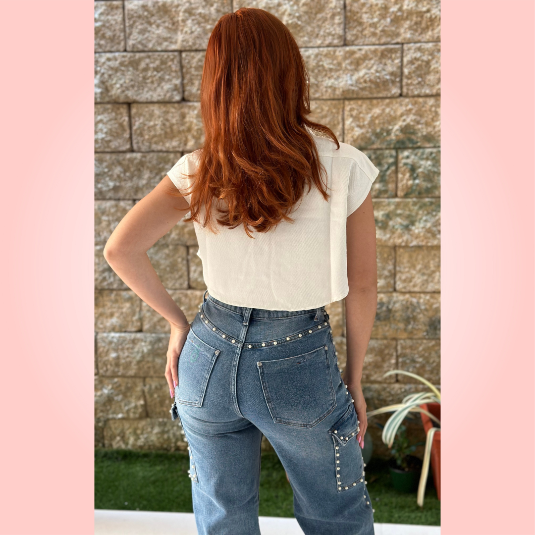 White Denim Crop Short Sleeve Top