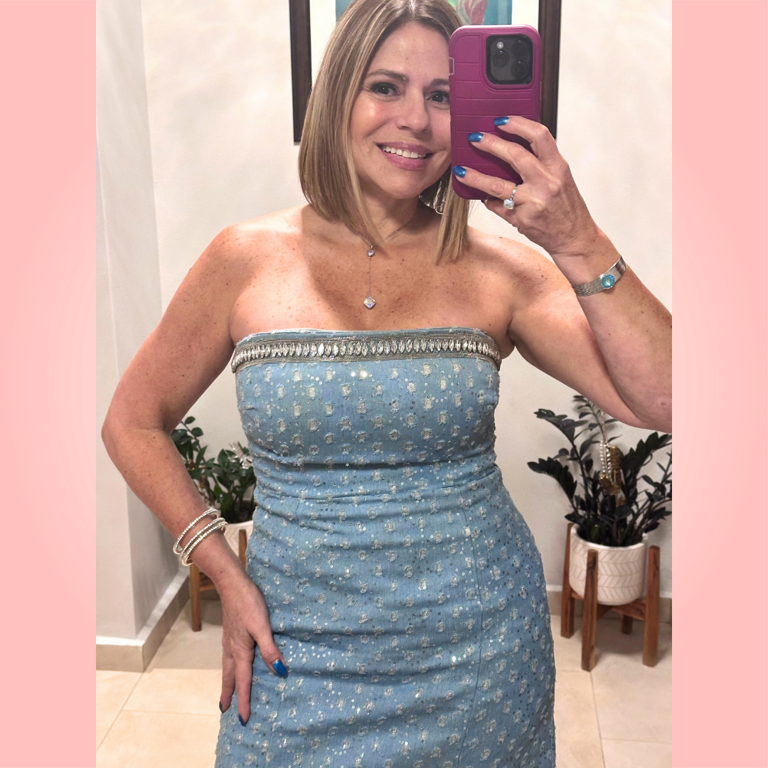 Denim Rhinestones Off Shoulder Dress