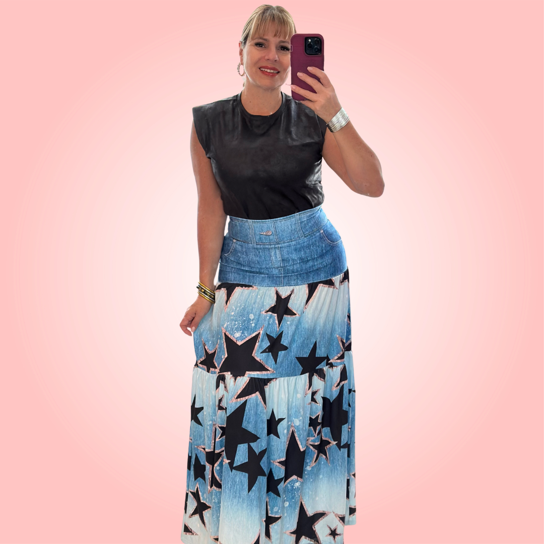 Maxi Denim Skirt with Black Stars