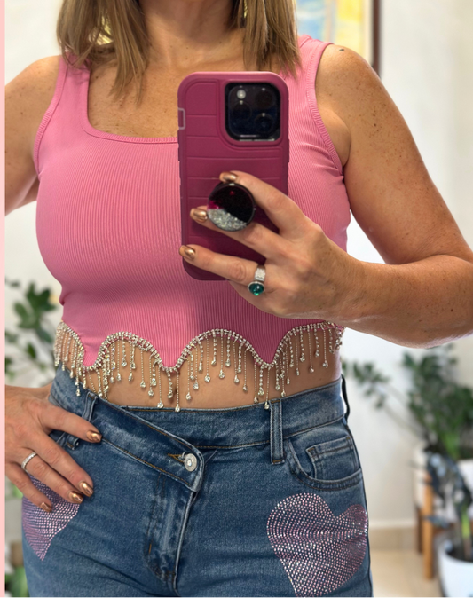 Rhinestone Fringe Crop Tank Top