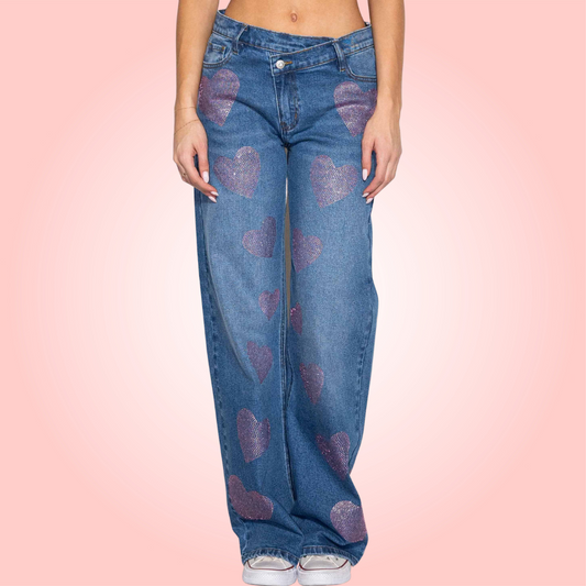 Pink Rhinestone Wide Jeans