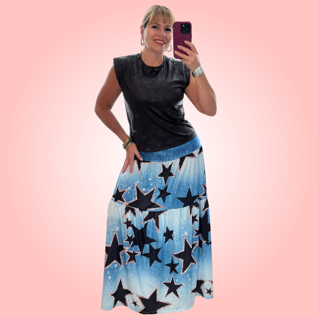 Maxi Denim Skirt with Black Stars