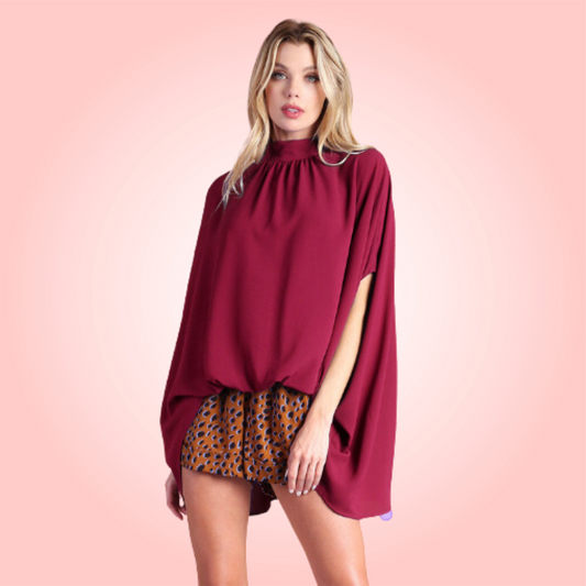 Wine Mock Neck Caftan Top